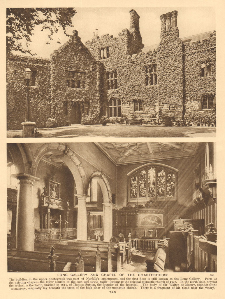Long Gallery and chapel of the Charterhouse 1926 old vintage print picture